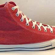 2017 Red Stonewashed High Top Chucks  Outside view of a right 2017 red stonewashed canvas high top.